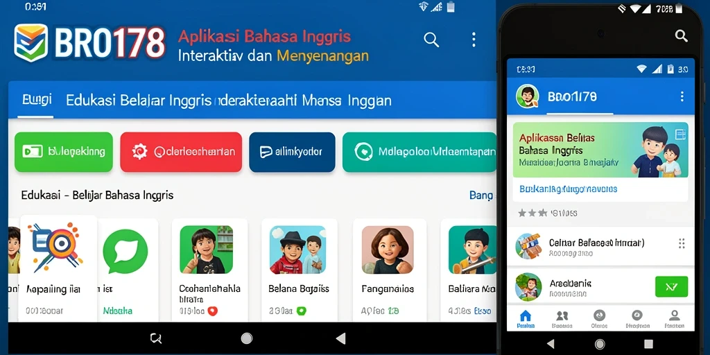 Tangkapan layar utama aplikasi BRO178 dengan antarmuka belajar bahasa Inggris yang interaktif.