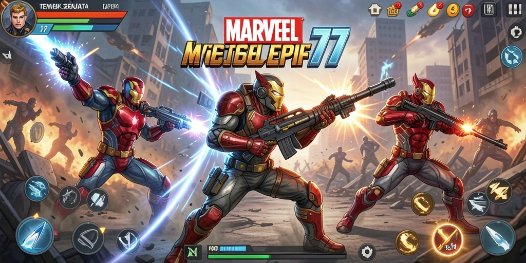 Antarmuka permainan MARVEL77 dengan senjata dan karakter yang menarik.