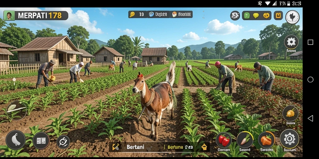 Screenshot antarmuka permainan MERPATI178 menampilkan aktivitas bertani yang seru.
